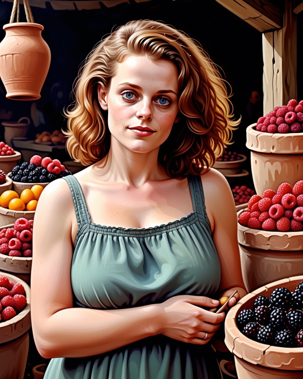 create an image of 20 yo beautiful curvy and busty Neolithic European female [Sigourney Weaver:Maude Adams:0.35] berries vendor, she sell various berries like raspberry, blueberry, mulberries, strawberries and preserved berries and honey in a ((clay jars)), she is friendly and always give a content face expression, ((she is talking passionatelyvfriendlyto a viewer)) that buy her produce at her neat and mesmerizing berries stall, detailed beautiful face, insanely detailed and intricate otherworldly Neolithic market scene background, ultra photo realistic oil on canvas painting,comic book,more detail XL