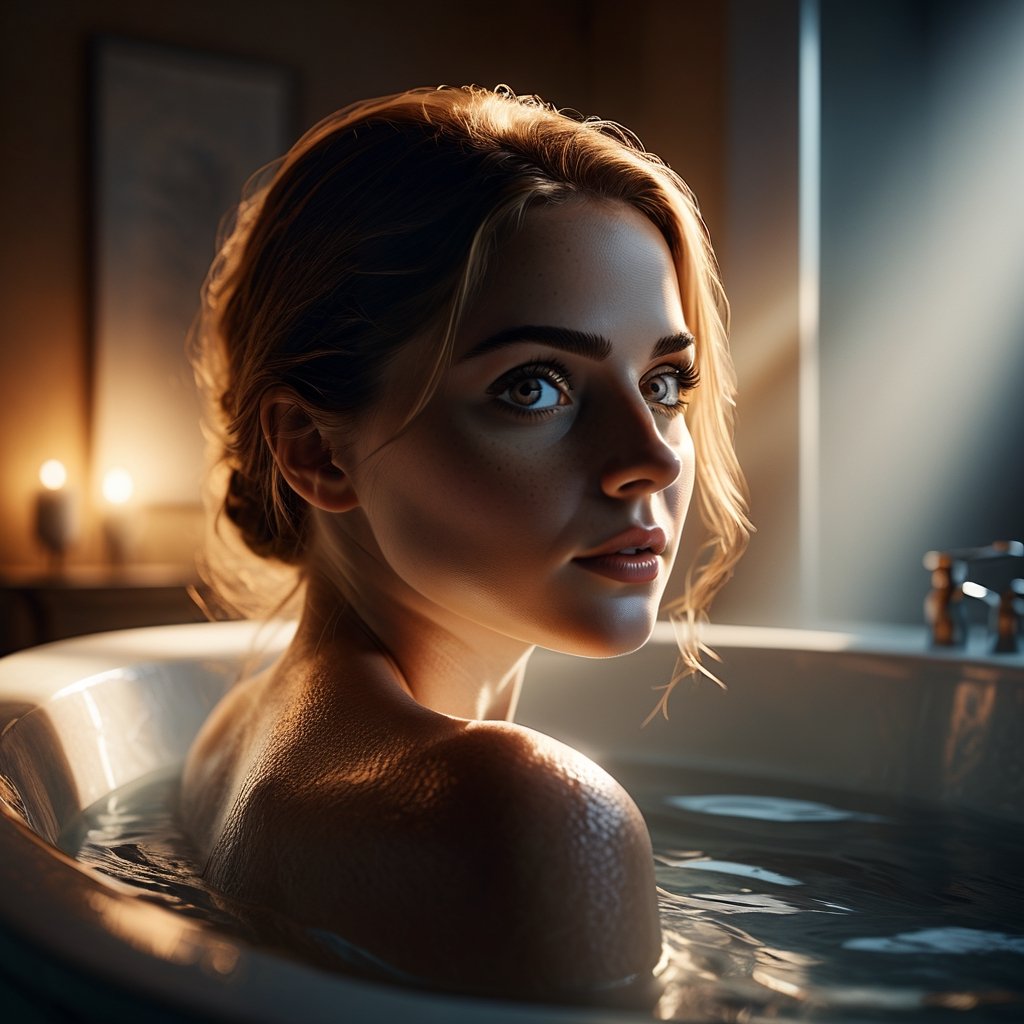 Woman bathed in ambient mysterious light, hyper-detailed textures, stunning realism, awarded-winning composition with perfect lighting, mind-blowing visual impact, cinematic, ultra-realistic.