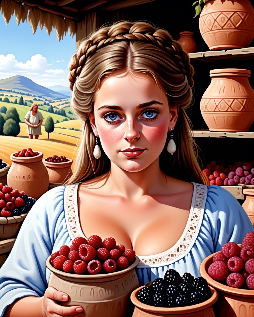 create an image of 20 yo beautiful curvy and busty Neolithic European female [Elizabeth II:Maude Adams:0.35] berries vendor, she sell various berries like raspberry, blueberry, mulberries, strawberries and preserved berries and honey in a ((clay jars)), she is friendly and always give a content face expression, ((she is talking passionatelyvfriendlyto a viewer)) that buy her produce at her neat and mesmerizing berries stall, detailed beautiful face, insanely detailed and intricate otherworldly Neolithic market scene background, ultra photo realistic oil on canvas painting,comic book,more detail XL