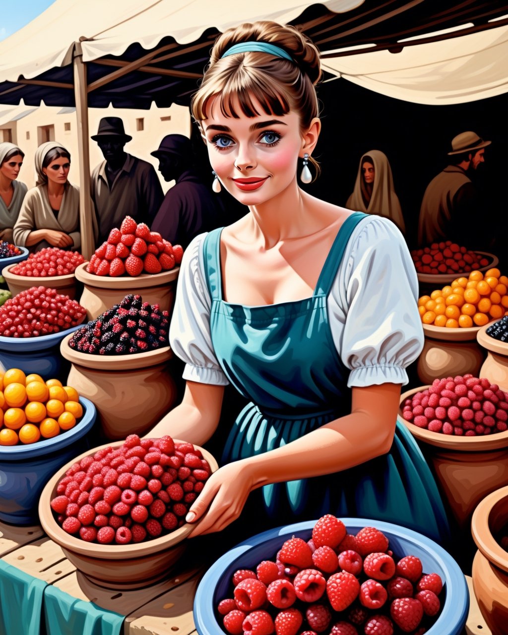 create an image of 20 yo beautiful curvy and busty Neolithic European female [Audrey Hepburn:Maude Adams:0.35] berries vendor, she sell various berries like raspberry, blueberry, mulberries, strawberries and preserved berries and honey in a ((clay jars)), she is friendly and always give a content face expression, ((she is talking passionatelyvfriendlyto a viewer)) that buy her produce at her neat and mesmerizing berries stall, detailed beautiful face, insanely detailed and intricate otherworldly Neolithic market scene background, ultra photo realistic oil on canvas painting,comic book,more detail XL