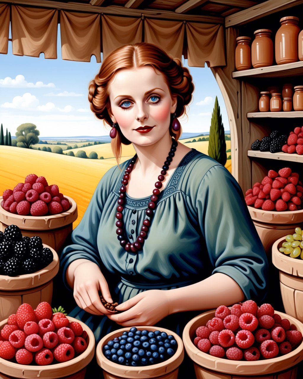 create an image of 20 yo beautiful curvy and busty Neolithic European female [Greta Garbo:Maude Adams:0.35] berries vendor, she sell various berries like raspberry, blueberry, mulberries, strawberries and preserved berries and honey in a ((clay jars)), she is friendly and always give a content face expression, ((she is talking passionatelyvfriendlyto a viewer)) that buy her produce at her neat and mesmerizing berries stall, detailed beautiful face, insanely detailed and intricate otherworldly Neolithic market scene background, ultra photo realistic oil on canvas painting,comic book,more detail XL