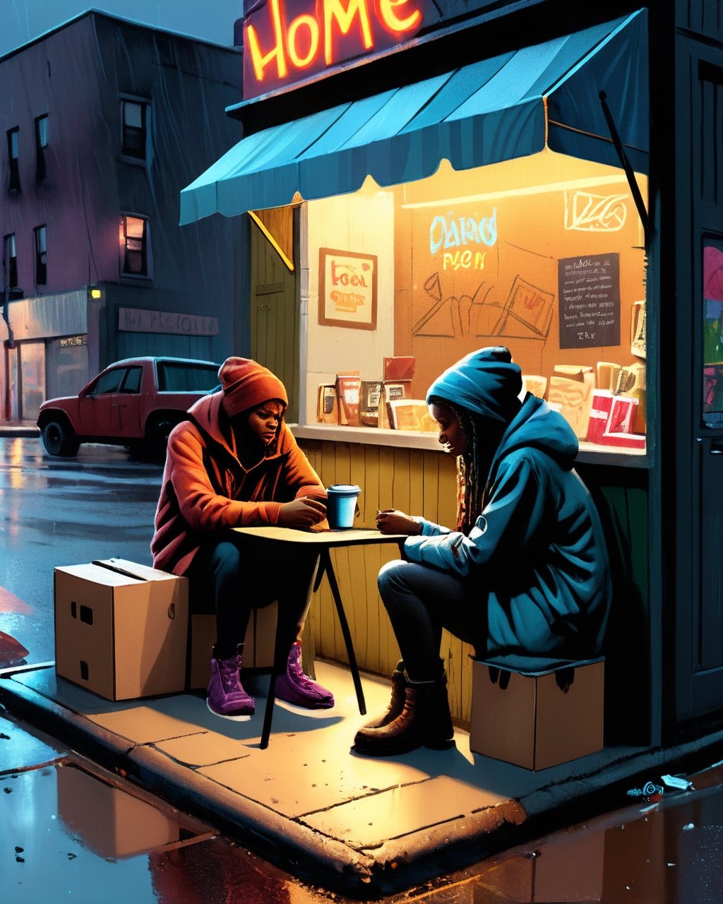 A cinematic illustration, masterfully rendered with Don Lawrence's color pencils and Octane render, captures the essence of two beautiful, homeless women in their own city. They sit in front of their makeshift camp on a rainy night, sipping takeaway coffee as they share a moment of respite. The pavement is lined with neighboring tents, and the vibrant graffiti on the wall of the abandoned grocery store reads "HOPE." The intricate details of street objects, nighttime lighting, and the high-resolution 4K image create an immersive and emotional scene. In the background, people wander amidst the rain, including an old black man playing blues on his guitar, adding a poignant touch to this powerful, high-resolution masterpiece., illustration, cinematic