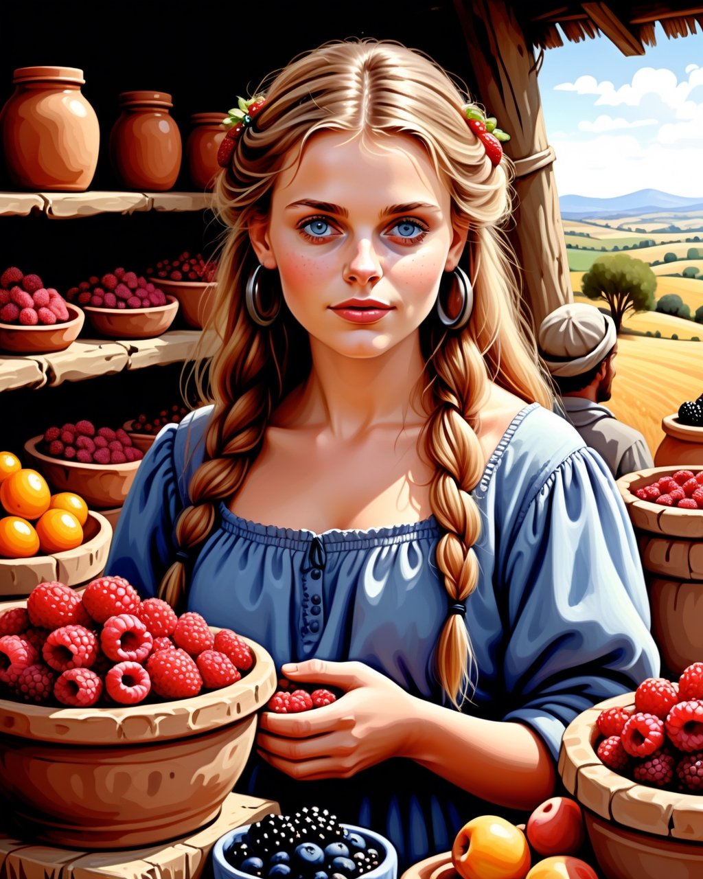 create an image of 20 yo beautiful curvy and busty Neolithic European female [Michelle Pfeiffer:Maude Adams:0.35] berries vendor, she sell various berries like raspberry, blueberry, mulberries, strawberries and preserved berries and honey in a ((clay jars)), she is friendly and always give a content face expression, ((she is talking passionatelyvfriendlyto a viewer)) that buy her produce at her neat and mesmerizing berries stall, detailed beautiful face, insanely detailed and intricate otherworldly Neolithic market scene background, ultra photo realistic oil on canvas painting,comic book,more detail XL