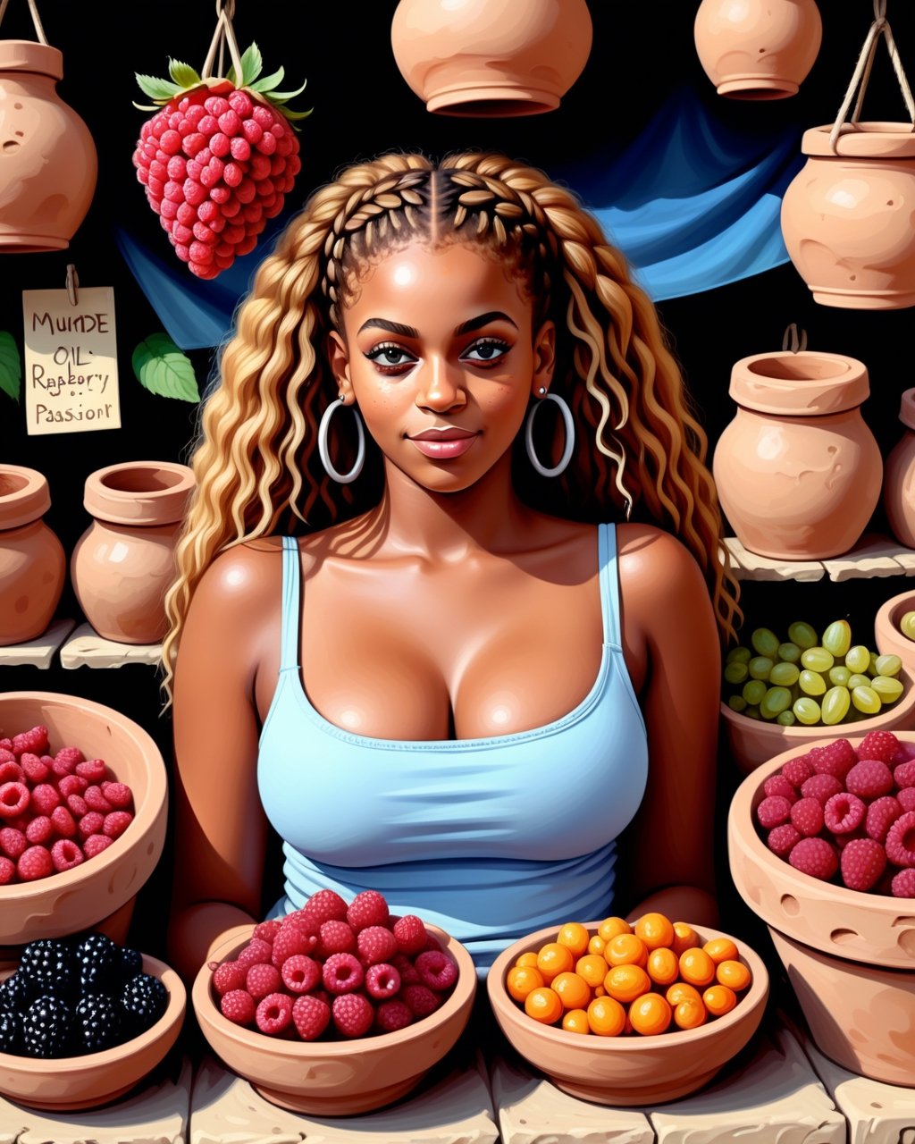 create an image of 20 yo beautiful curvy and busty Neolithic European female [Beyonce Knowles:Maude Adams:0.35] berries vendor, she sell various berries like raspberry, blueberry, mulberries, strawberries and preserved berries and honey in a ((clay jars)), she is friendly and always give a content face expression, ((she is talking passionatelyvfriendlyto a viewer)) that buy her produce at her neat and mesmerizing berries stall, detailed beautiful face, insanely detailed and intricate otherworldly Neolithic market scene background, ultra photo realistic oil on canvas painting,comic book,more detail XL