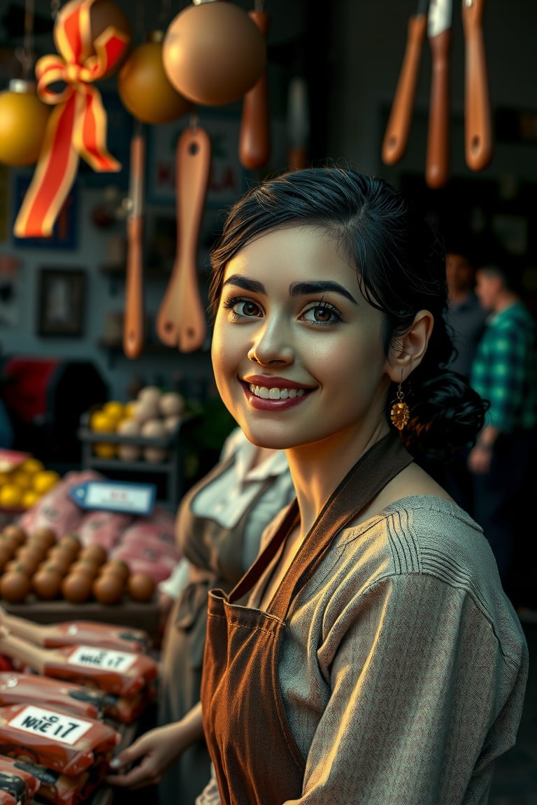 Realistic 21 yo Beautiful friendly and happy Traditional Market female vendors [Amy Adams:Maude Adams:0.45], butcher section, butcher dagger, butcher apron, detailed face, perfect face, perfect eyes, symmetric eyes, insanely detailed and intricate, ultra sharp focus, cinematic scene by Tim Burton, professional masterpiece photo realistic digital artwork by Frank Bellamy, artistic scene by Tim Burton, directional lighting, octane render, professional lightroom color grading by Mark McGee