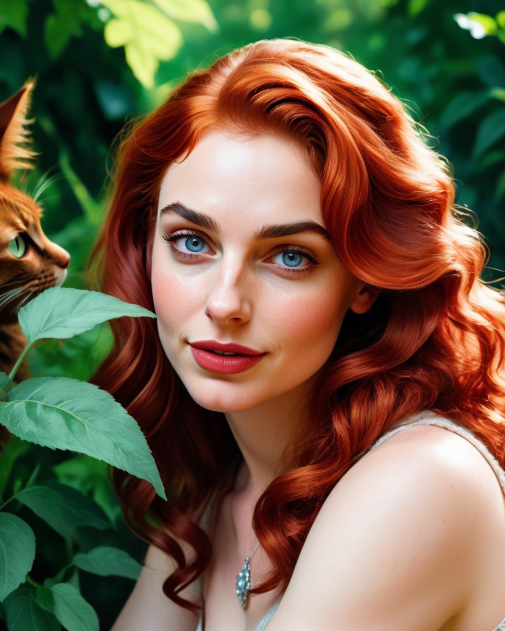 red-haired girl [Elizabeth II:Gal Gadot:0.45] with a full sized  red mainecoon cat, (best quality, masterpieces, ultra-detailed), beautiful detailed eyes, beautiful detailed lips, longeyelashes, vibrant colors, illustrative style, oil painting texture, flowing red hair, cozy garden background, soft sunlight, lively expression, joyful interaction with the cat, dynamic pose, realistic rendering.