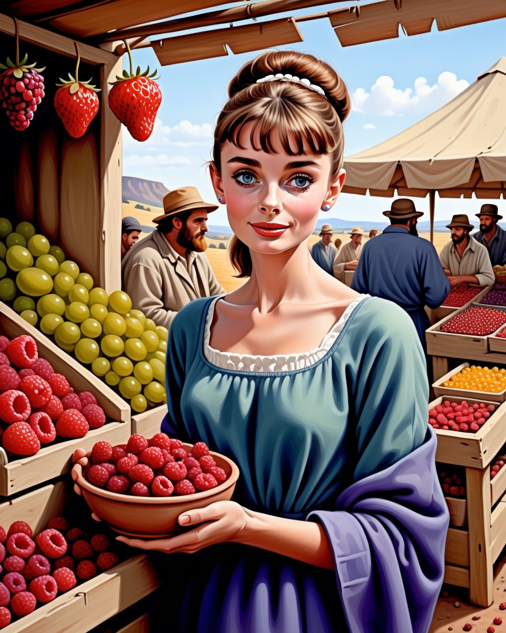 create an image of 20 yo beautiful curvy and busty Neolithic European female [Audrey Hepburn:Maude Adams:0.35] berries vendor, she sell various berries like raspberry, blueberry, mulberries, strawberries and preserved berries and honey in a ((clay jars)), she is friendly and always give a content face expression, ((she is talking passionatelyvfriendlyto a viewer)) that buy her produce at her neat and mesmerizing berries stall, detailed beautiful face, insanely detailed and intricate otherworldly Neolithic market scene background, ultra photo realistic oil on canvas painting,comic book,more detail XL