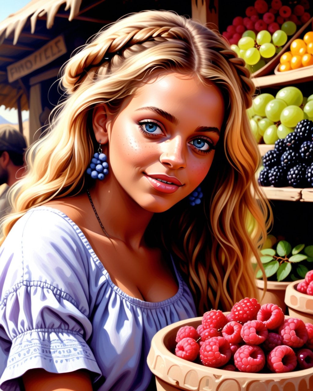 create an image of 20 yo beautiful curvy and busty Neolithic European female [Beyonce Knowles:Maude Adams:0.35] berries vendor, she sell various berries like raspberry, blueberry, mulberries, strawberries and preserved berries and honey in a ((clay jars)), she is friendly and always give a content face expression, ((she is talking passionatelyvfriendlyto a viewer)) that buy her produce at her neat and mesmerizing berries stall, detailed beautiful face, insanely detailed and intricate otherworldly Neolithic market scene background, ultra photo realistic oil on canvas painting,comic book,more detail XL