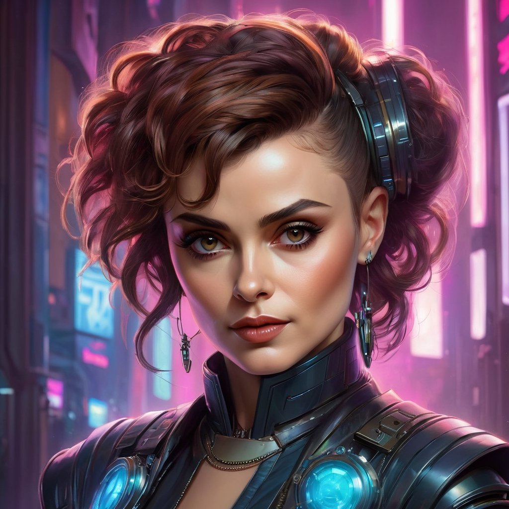 Professional portrait of 25 years old charismatic cyberpunk female cyborg jazz singer (Helena Bonham Carter:Lisa Stansfield:0.75), character, lovely smirk, intricate, elegant, highly detailed, digital painting, artstation, concept art, smooth, sharp focus, masterpiece hyper photorealistic illustration, art by artgerm and greg rutkowski and alphonse mucha, 32k,photo r3al,cyberpunk style