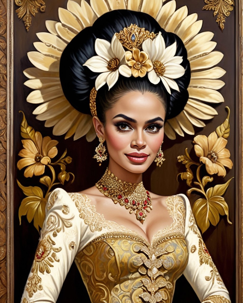beautiful javanese majestic queen donning exotic brocade laced kebaya dress and batik long skirt, big bun hairdo with golden  flowers hair ornaments, insanely detailed and intricate grand and elegant Jepara style wood carving in background, oil on canvas painting, realistic style, heavily influenced by Don Lawrence photorealistic brush stroke style