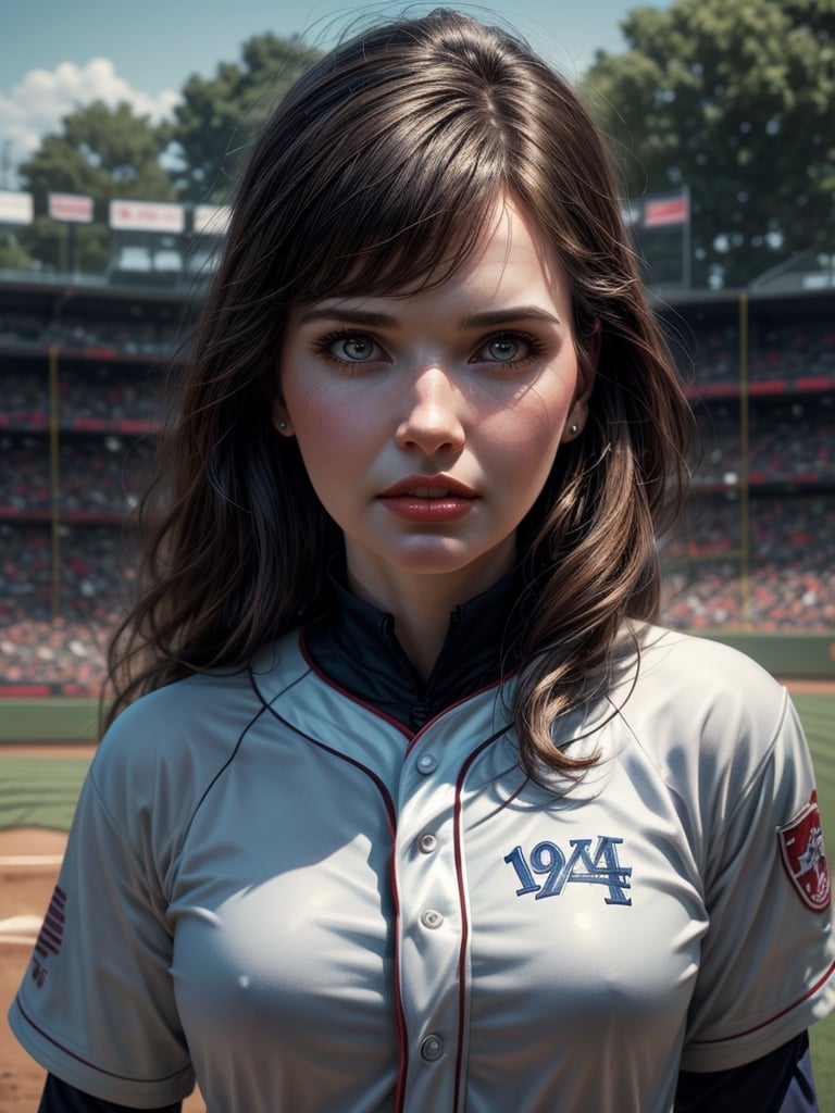 cinematic picture of 24 yo Geena Davis as Dottie Hinson of League of Their Own Movie, donning a vintage 1943 baseball uniform, stands on a 1943 community baseball field position ready to hit the ball, spectator crowd, detailed face, insanely detailed and intricate, masterpiece photo realistic digital illustration of English color comic maestro Don Lawrence, trending on Artstation