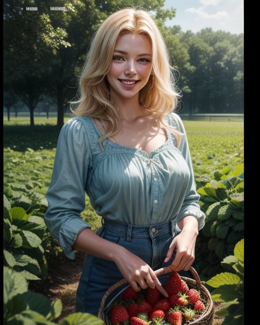 a happy smiling gorgeous blondie female Strawberry Farmer nurturing her just about to crop strawberries in a size of chicken egg at her vast strawberry fihappy smiling led with beautiful background, water well and woods, an epic masterpiece hyper realistic digital art of Frank Bellamy, professional color grading by Kenneth Hines Jr., 80's European Color Comic Style, 