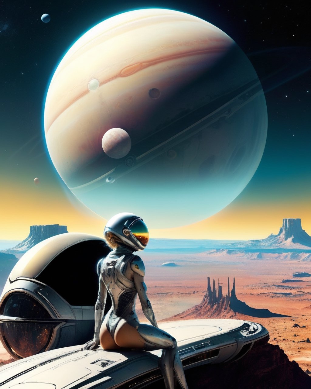 A masterpiece picture of a woman in extraterrestrial suite, gazing at the Planet Saturn, she is on her futuristic cyberpunk Extraterrestrial All Terrain hover Vehicle, with the earthlings colony magnificent City at the valley of Moon of Titan in a far distance, insanely detailed futuristic scene background, ultra realistic, Don Lawrence style, ultra high resolution, ultra high definition, 8k, RAW, octane render