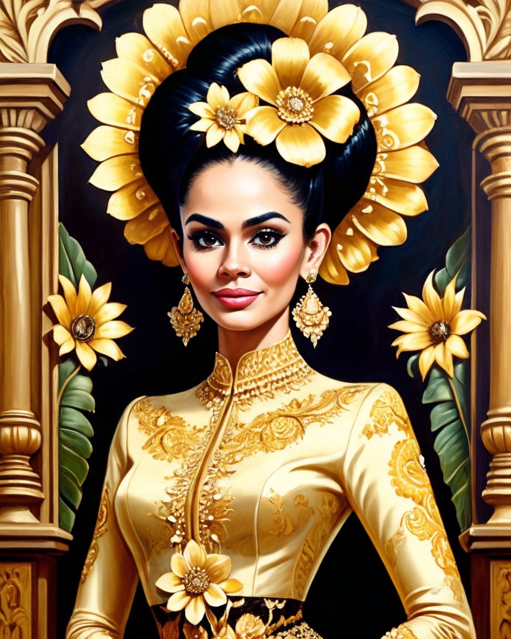 beautiful javanese majestic queen donning exotic brocade laced kebaya dress and batik long skirt, big bun hairdo with golden  flowers hair ornaments, insanely detailed and intricate grand and elegant Jepara style wood carving in background, oil on canvas painting, realistic style, heavily influenced by Don Lawrence photorealistic brush stroke style