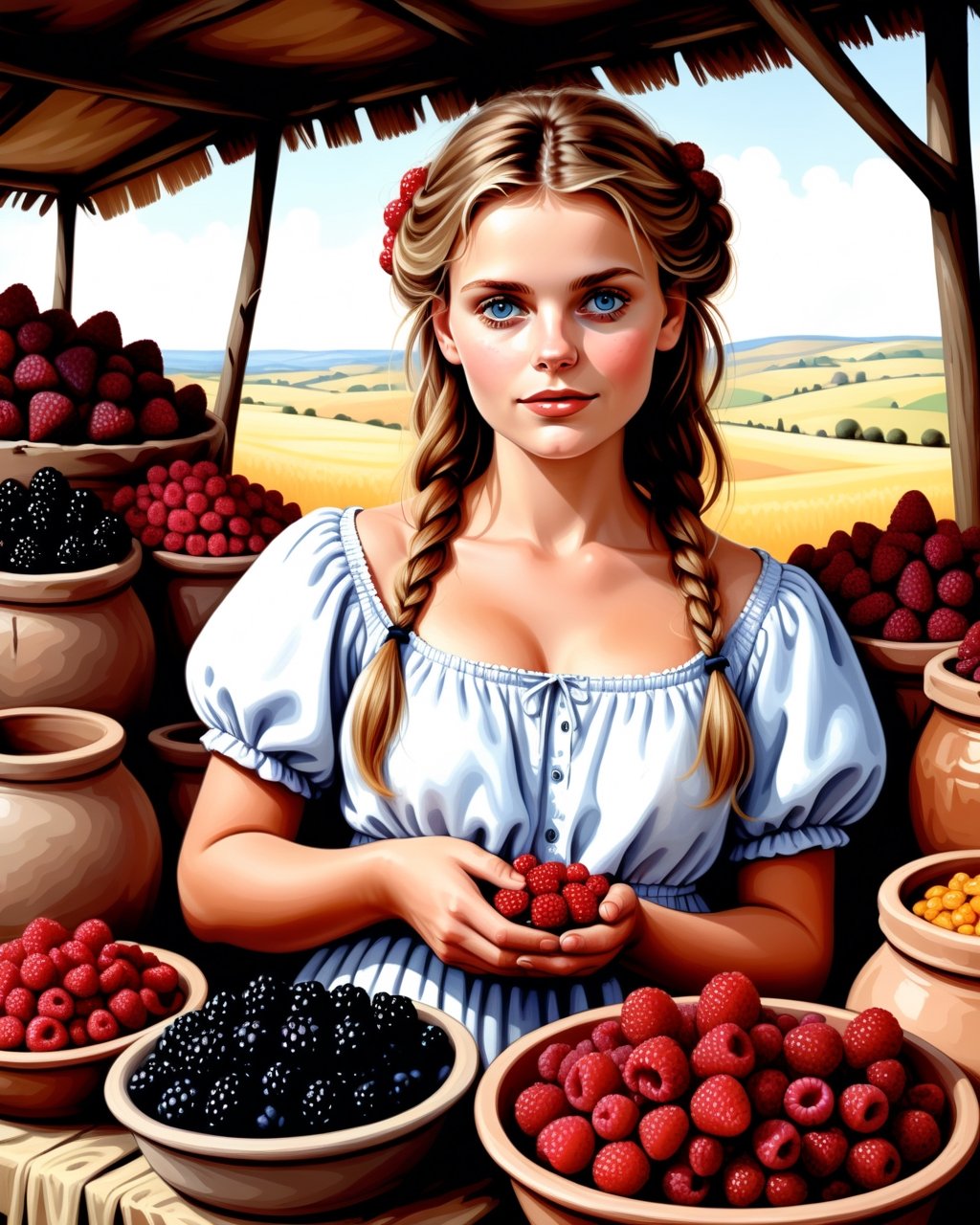 create an image of 20 yo beautiful curvy and busty Neolithic European female [Michelle Pfeiffer:Maude Adams:0.35] berries vendor, she sell various berries like raspberry, blueberry, mulberries, strawberries and preserved berries and honey in a ((clay jars)), she is friendly and always give a content face expression, ((she is talking passionatelyvfriendlyto a viewer)) that buy her produce at her neat and mesmerizing berries stall, detailed beautiful face, insanely detailed and intricate otherworldly Neolithic market scene background, ultra photo realistic oil on canvas painting,comic book,more detail XL