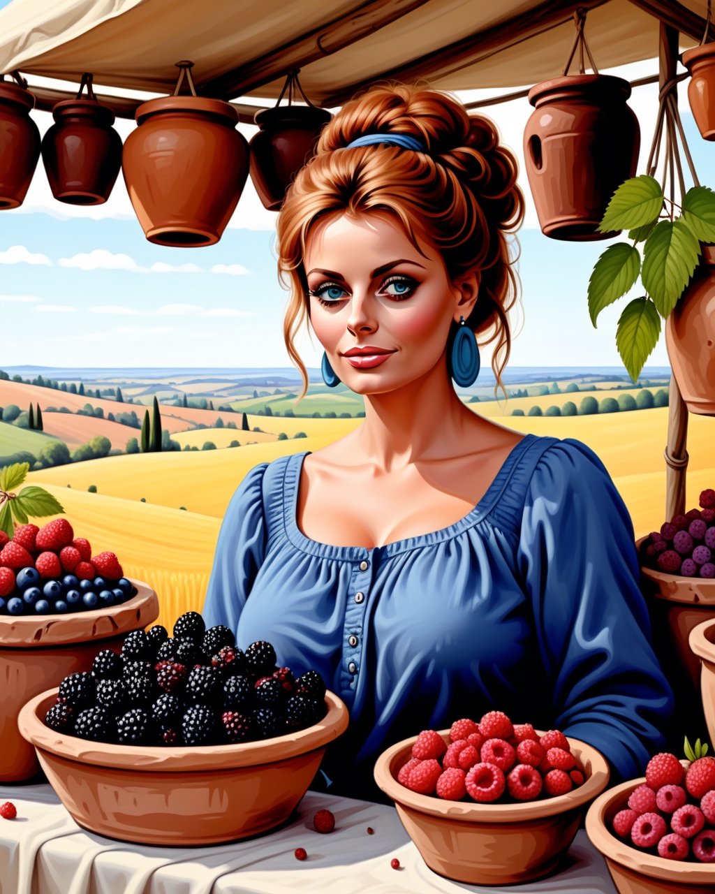 create an image of 20 yo beautiful curvy and busty Neolithic European female [Sophia Loren:Maude Adams:0.35] berries vendor, she sell various berries like raspberry, blueberry, mulberries, strawberries and preserved berries and honey in a ((clay jars)), she is friendly and always give a content face expression, ((she is talking passionatelyvfriendlyto a viewer)) that buy her produce at her neat and mesmerizing berries stall, detailed beautiful face, insanely detailed and intricate otherworldly Neolithic market scene background, ultra photo realistic oil on canvas painting,comic book,more detail XL