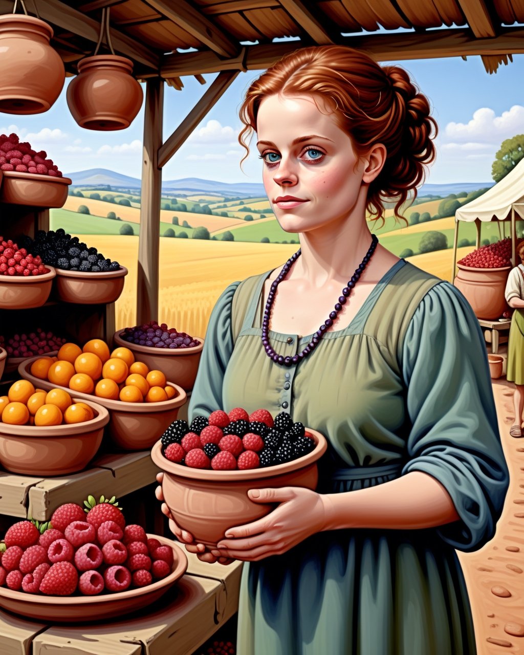 create an image of 20 yo beautiful curvy and busty Neolithic European female [Sigourney Weaver:Maude Adams:0.35] berries vendor, she sell various berries like raspberry, blueberry, mulberries, strawberries and preserved berries and honey in a ((clay jars)), she is friendly and always give a content face expression, ((she is talking passionatelyvfriendlyto a viewer)) that buy her produce at her neat and mesmerizing berries stall, detailed beautiful face, insanely detailed and intricate otherworldly Neolithic market scene background, ultra photo realistic oil on canvas painting,comic book,more detail XL