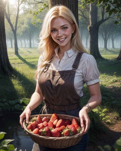 a happy smiling gorgeous blondie female Strawberry Farmer nurturing her just about to crop strawberries in a size of chicken egg at her vast strawberry fihappy smiling led with beautiful background, water well and woods, an epic masterpiece hyper realistic digital art of Frank Bellamy, professional color grading by Kenneth Hines Jr., 80's European Color Comic Style, 