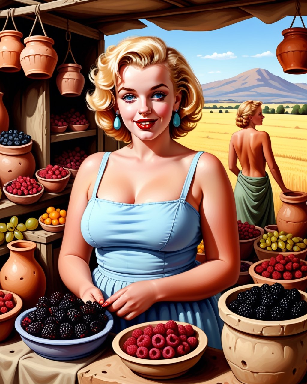 create an image of 20 yo beautiful curvy and busty Neolithic European female [Marilyn Monroe:Maude Adams:0.35] berries vendor, she sell various berries like raspberry, blueberry, mulberries, strawberries and preserved berries and honey in a ((clay jars)), she is friendly and always give a content face expression, ((she is talking passionatelyvfriendlyto a viewer)) that buy her produce at her neat and mesmerizing berries stall, detailed beautiful face, insanely detailed and intricate otherworldly Neolithic market scene background, ultra photo realistic oil on canvas painting,comic book,more detail XL