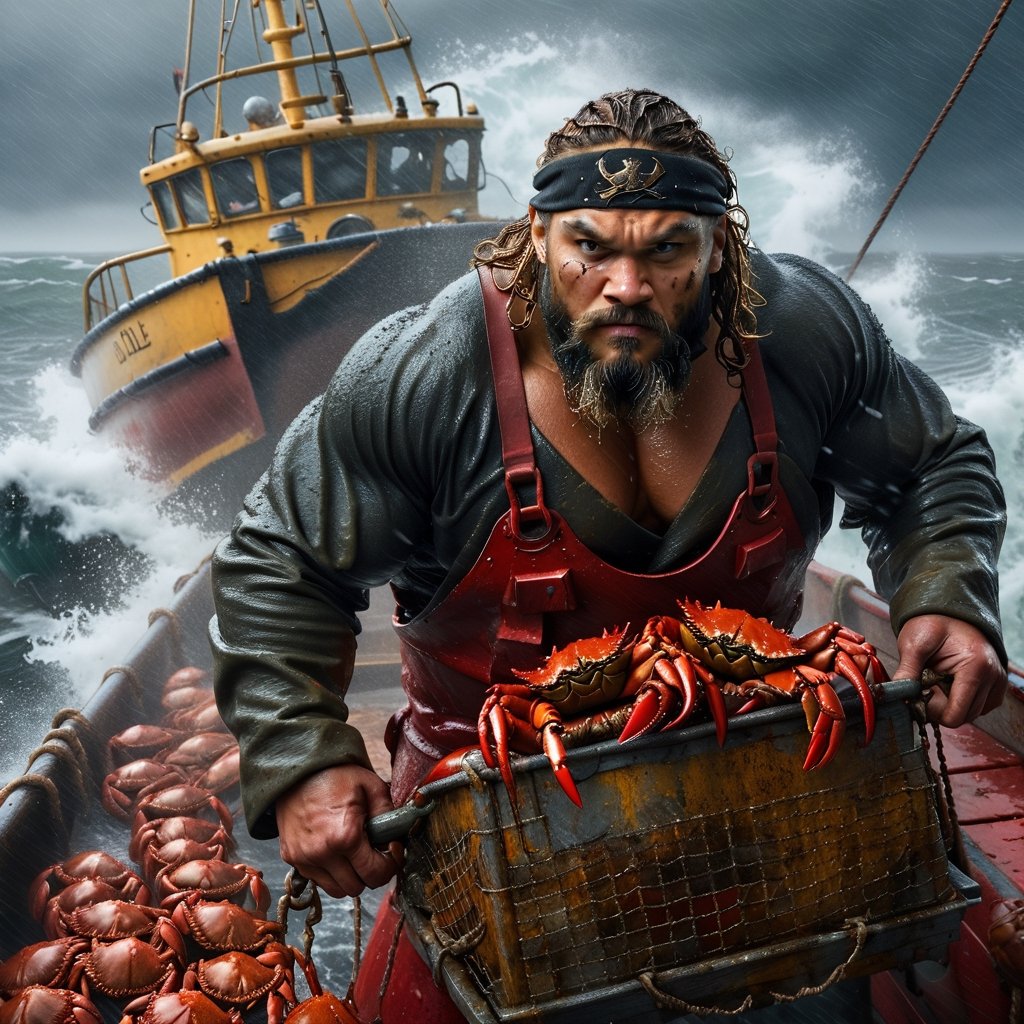 A realistic image of a large, muscular, bald crab [fisherman:Jason Momoa:0.1] in the Bering Sea with a red beard, wearing a dark red extreme weather sea fisherman's outfit, pulling a steel crab trap filled with crabs amidst a raging storm on the deck of his large sea vessel, an oil painting on canvas, photorealistic, very sharp and detailed,more detail XL
