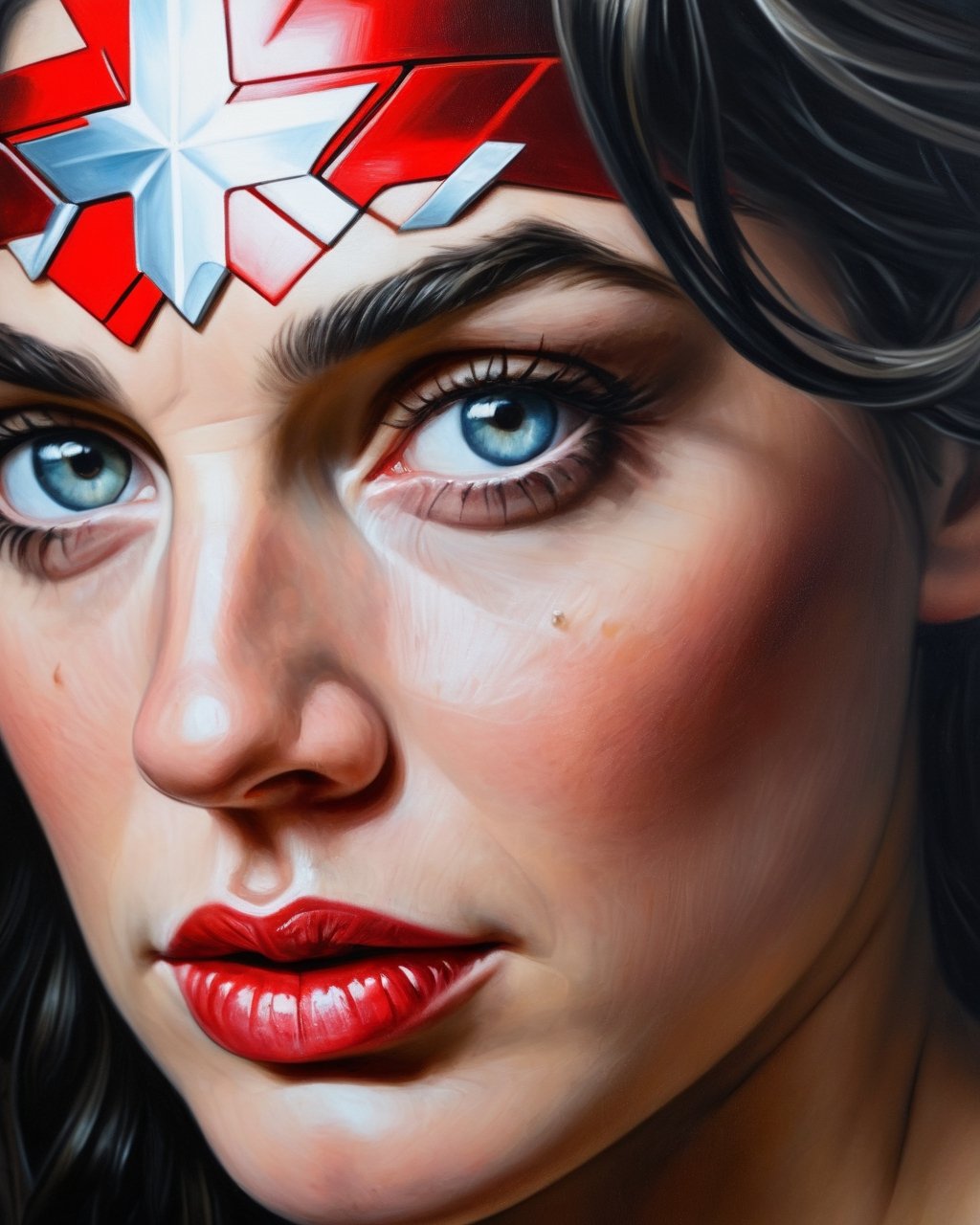 close-up portrai of Wonder woman, detailed face, oil and canvas paintings, photorealistic