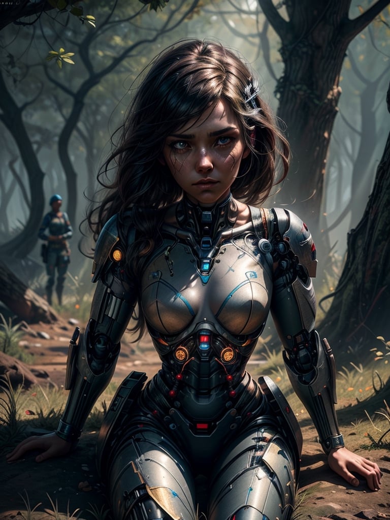 A photo of lost knackered gorgeous female military soldier cyborg sit down on the savana, back light, insanely detailed and intricate, octane render, unreal engine, hyper realistic photo, high definition, 32 K, Nat Geo photography style