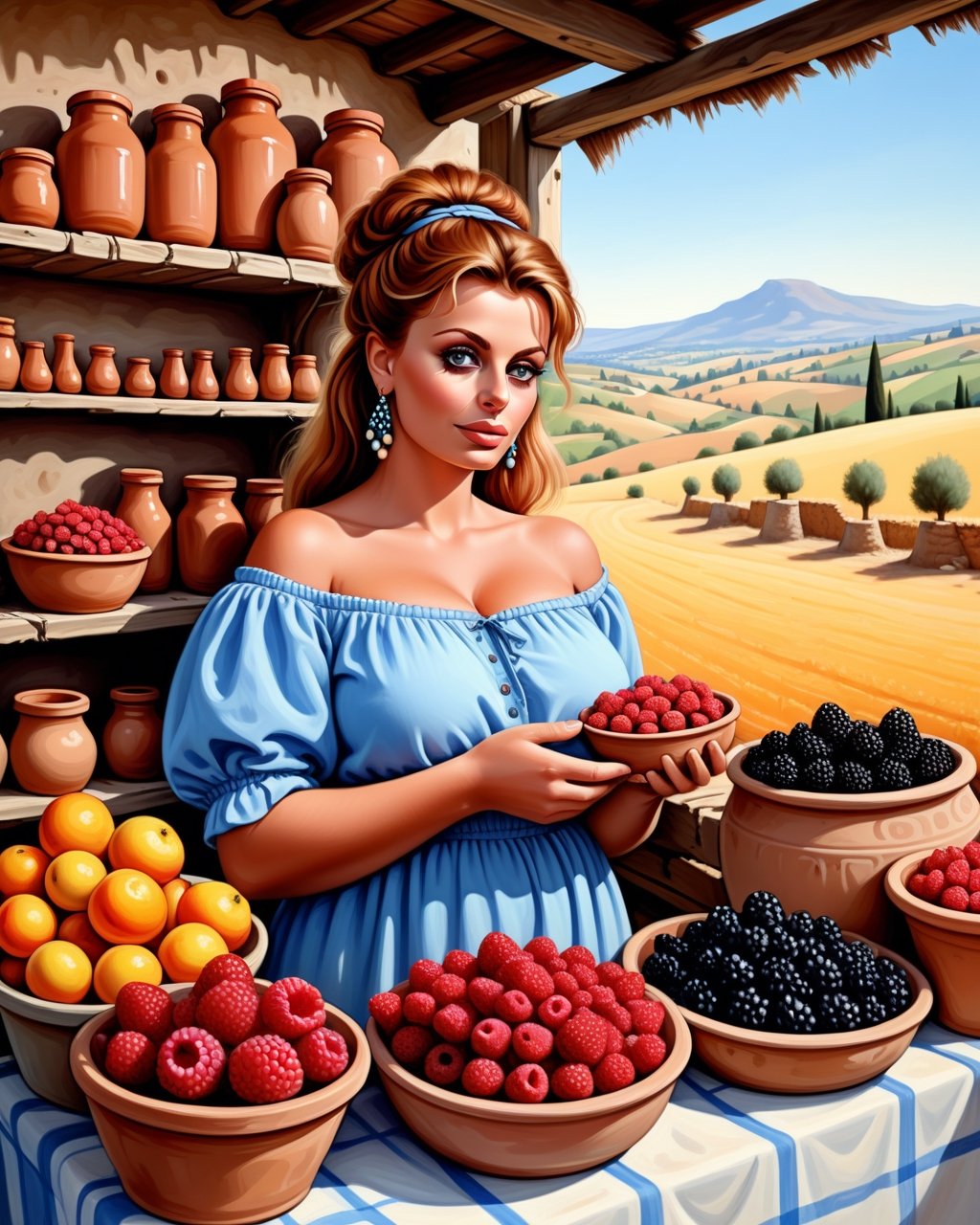 create an image of 20 yo beautiful curvy and busty Neolithic European female [Sophia Loren:Maude Adams:0.35] berries vendor, she sell various berries like raspberry, blueberry, mulberries, strawberries and preserved berries and honey in a ((clay jars)), she is friendly and always give a content face expression, ((she is talking passionatelyvfriendlyto a viewer)) that buy her produce at her neat and mesmerizing berries stall, detailed beautiful face, insanely detailed and intricate otherworldly Neolithic market scene background, ultra photo realistic oil on canvas painting,comic book,more detail XL