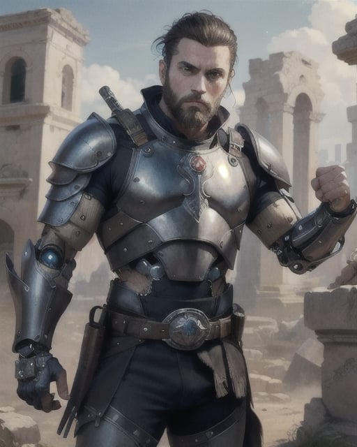 Epic digital artwork of An Emperor, midle age, powerful, brunette, short beard, badass, donning futuristic cybernetic body armour in Ancient Roman style, trasparent navigation faceshield, pointing fist to the sky, Masterpiece artwork of Don Lawrence influenced by Alphonse Mucha