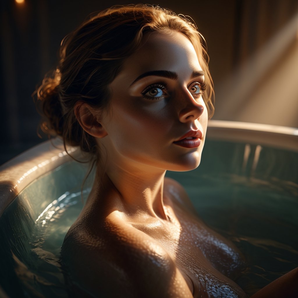 Woman bathed in ambient mysterious light, hyper-detailed textures, stunning realism, awarded-winning composition with perfect lighting, mind-blowing visual impact, cinematic, ultra-realistic.