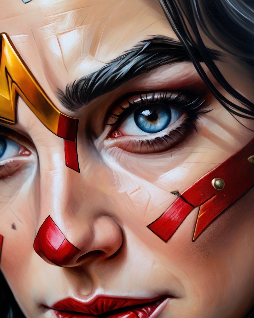 close-up portrai of Wonder woman, detailed face, oil and canvas paintings, photorealistic