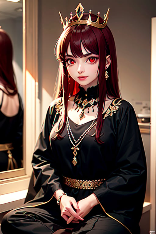 Face (red eyes,big eye brose, side smile,long black and red hair,sharp nose)
Dress(Indian style black dress,jewellery, black cool crown)
Reflection in mirror price
Background (light raining)perfect anatomy, perfect face, ultra detailed, ultra sharpe face, ultra realistic face,in neon 