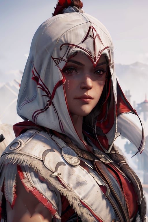 1 girl, whitebackground, smirk, hooded, red robes,photo of perfecteyes eyes, assassins creed,