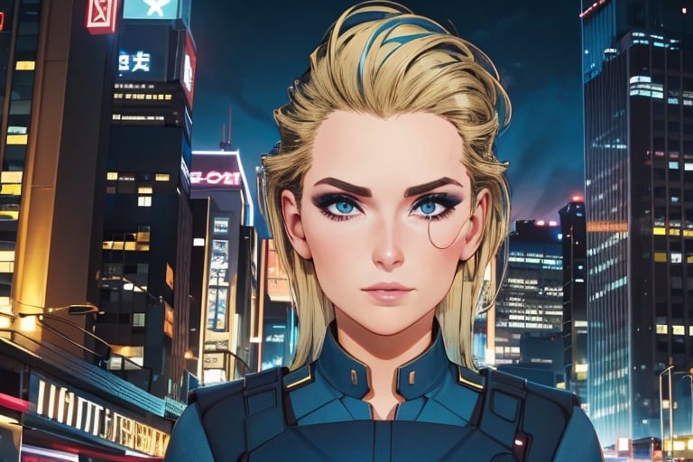 1 girl, blonde hair, blue hair, night city, looking_at_viewer