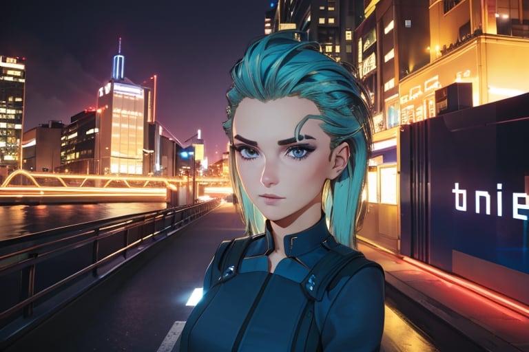 1 girl, blonde hair, blue hair, night city, looking_at_viewer