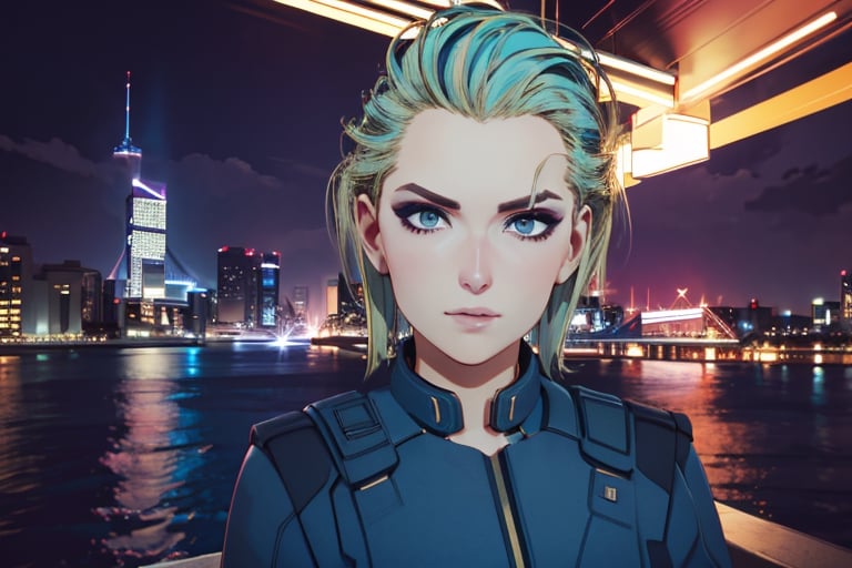 1 girl, blonde hair, blue hair, night city, looking_at_viewer