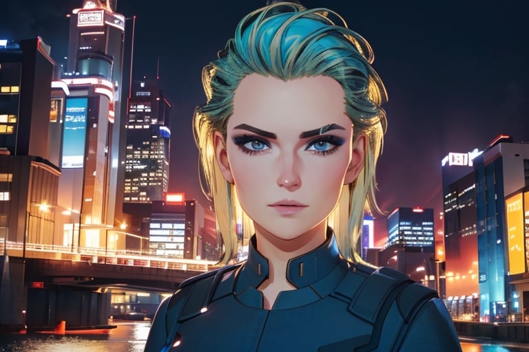 1 girl, blonde hair, blue hair, night city, looking_at_viewer