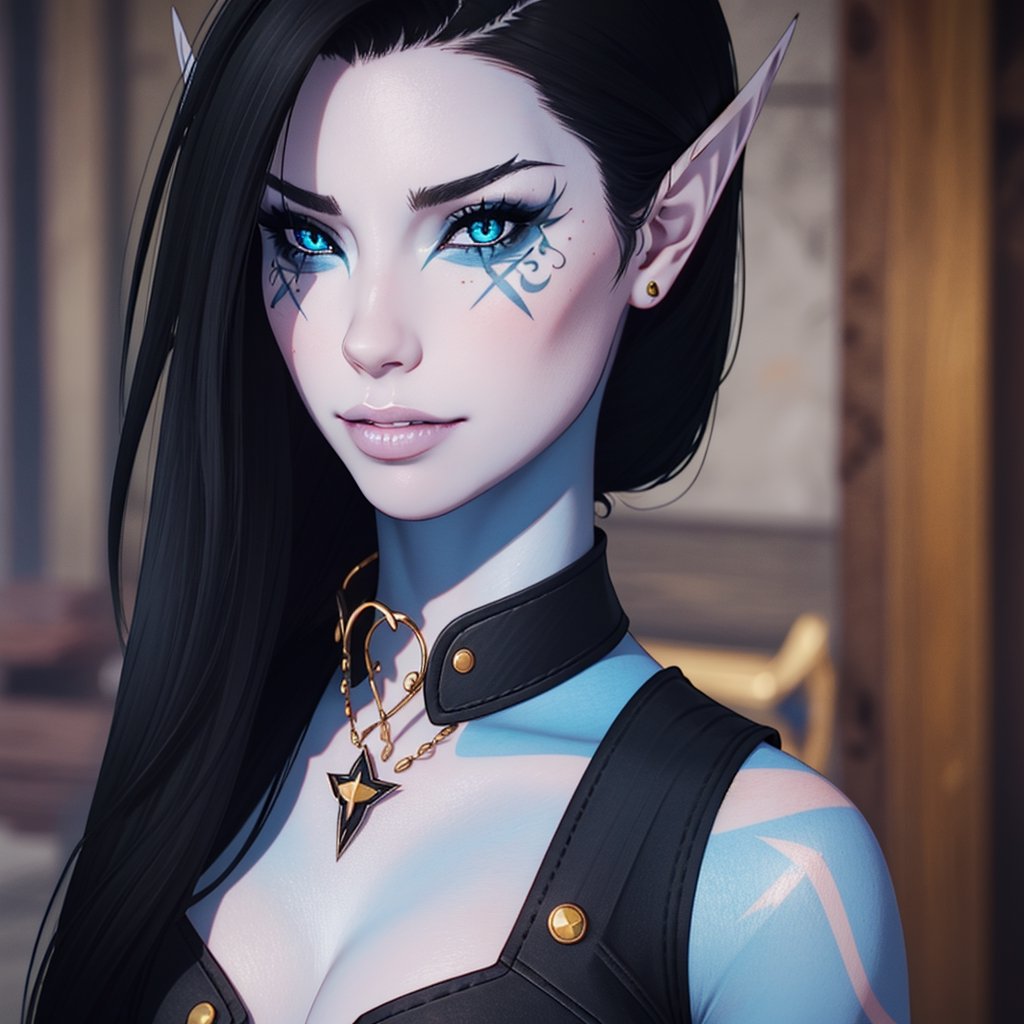 close up, 1 girl, blue skin, eye tattoos, Aria Bal, clothes, elf ears, collar, necless, spikes, 