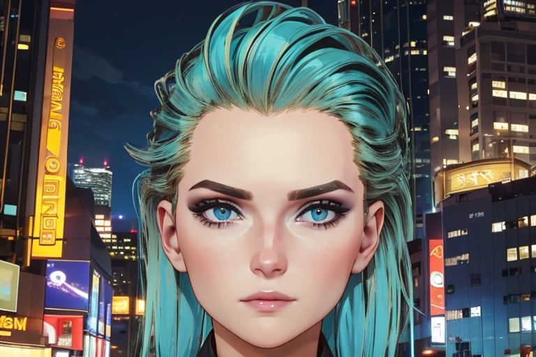 1 girl, blonde hair, blue hair, night city, looking_at_viewer