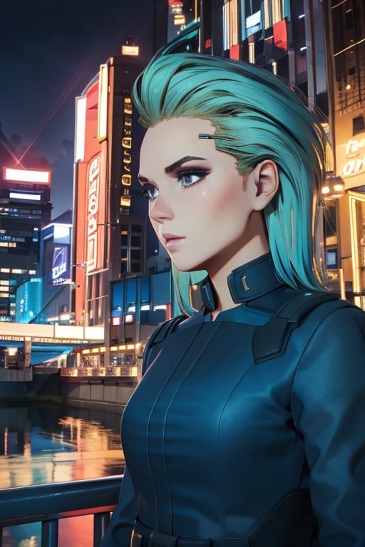 1 girl, blonde hair, blue hair, night city