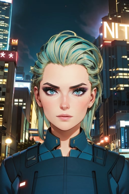 1 girl, blonde hair, blue hair, night city, looking_at_viewer