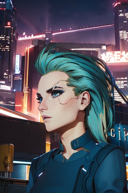 1 girl, blonde hair, blue hair, night city