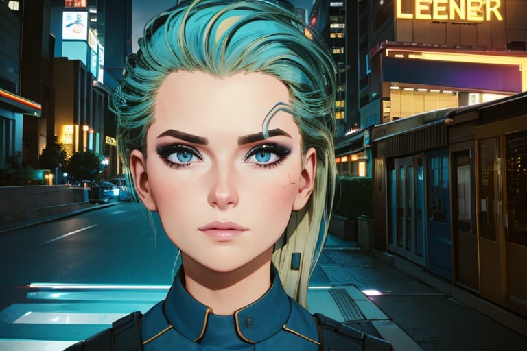 1 girl, blonde hair, blue hair, night city, looking_at_viewer