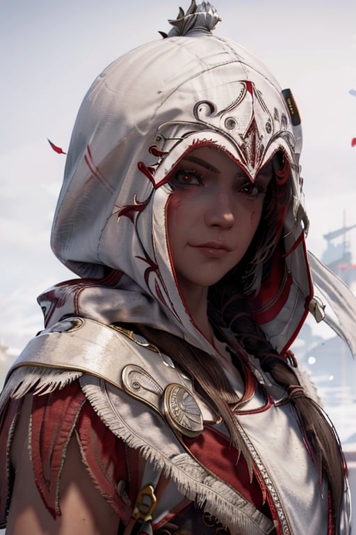 1 girl, whitebackground, smirk, hooded, red robes,photo of perfecteyes eyes, assassins creed,