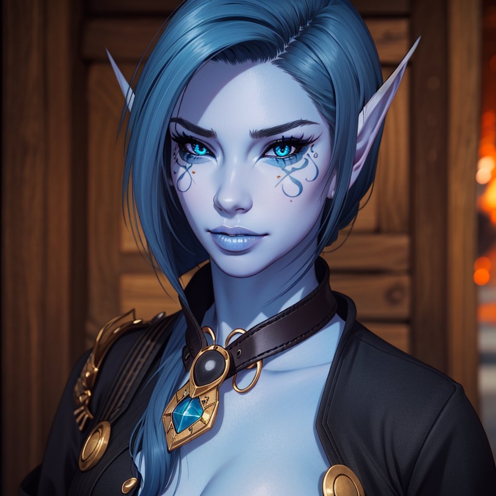 close up, 1 girl, blue skin, eye tattoos, Aria Bal, clothes, elf ears, collar, necless, spikes, 