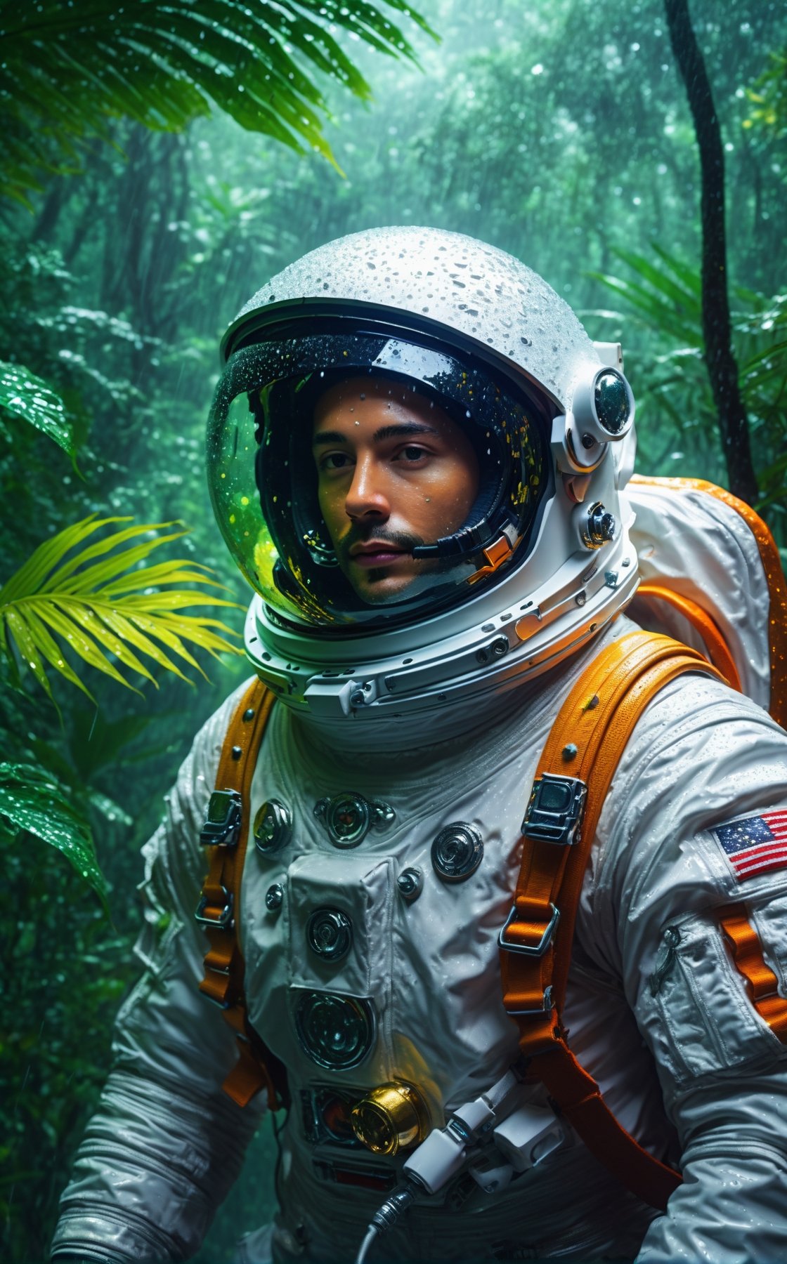 A astronaut in a rainy of jungles, masterpiece, ultra high quality, high resolution, realistic, close up, hallo to viewer, second hand up, alone, quiet, Tress, plants, wet Tress, fog, water dropped on glass helmet, rainy day, vivid color, dramatic colors, aesthetic lightening, sparkles, detailed background, 8k