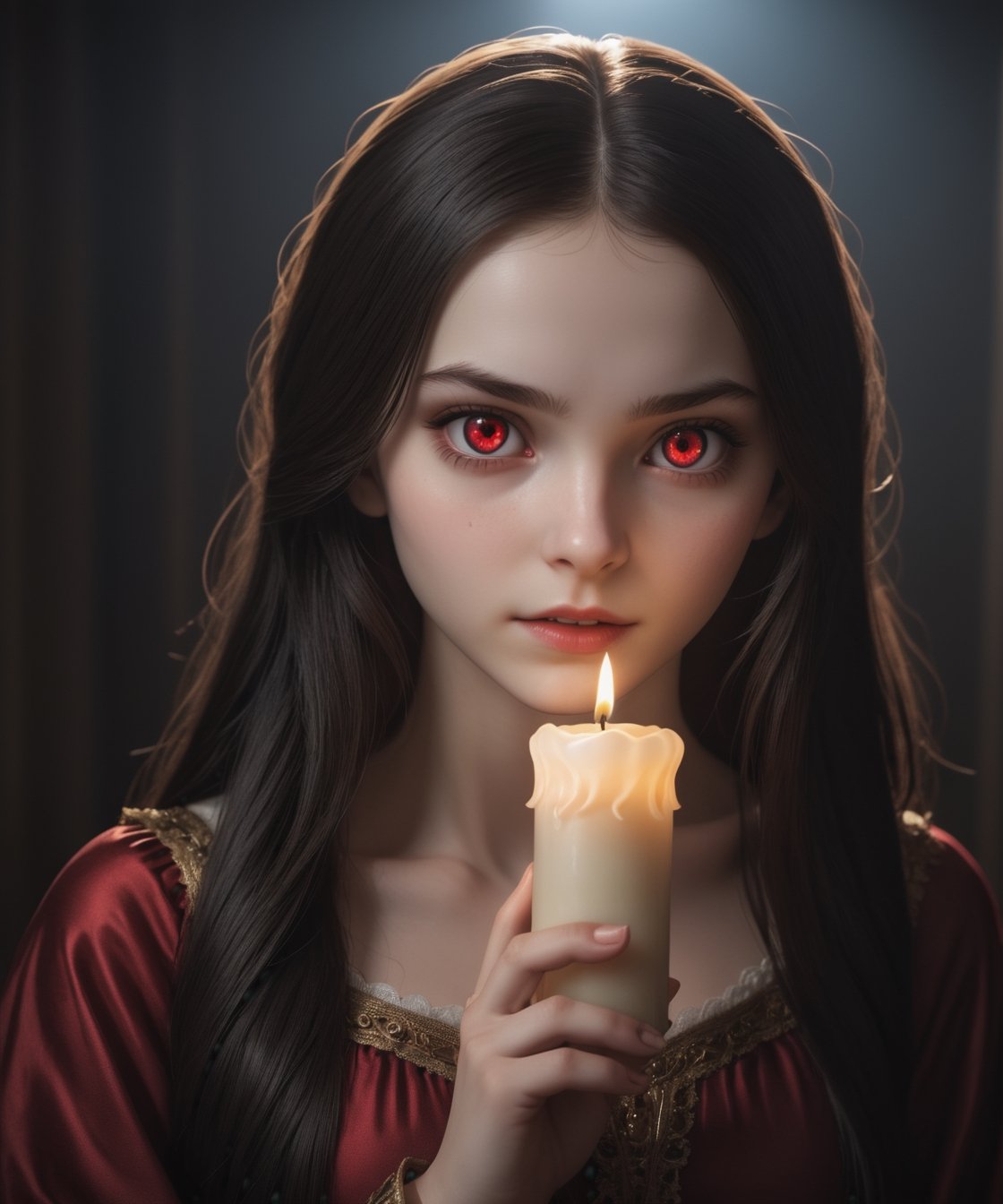 4k, UHD, HDR, (Masterpiece:1.5), (best quality:1.5), ultra detailed, dynamic angle, natural light, detailed reflection light, fantasy art, ((horror and dramatic)), 14 years old girl, upper body, beautiful face, cute, innocent, (pale skin), long black hair, in ear hair, fantasy outfit, (red shinny eyes), (standing at dark room. Dark background. Inside home), (Holding a candle. Candle light), focus on viewer, dark tone, low key, Movie Still, closeup,monster,HellAI