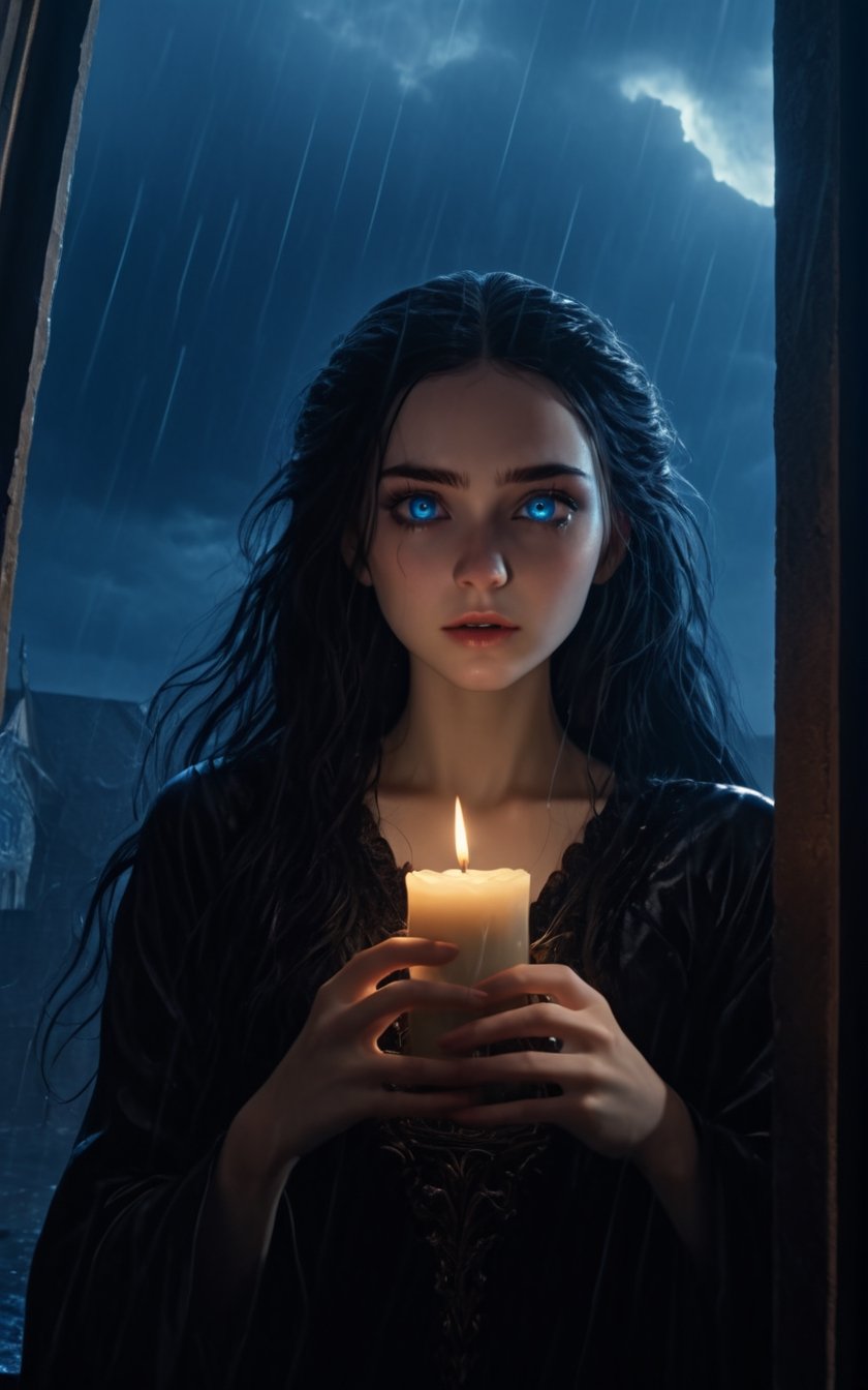 4k, UHD, HDR, (Masterpiece:1.5), (best quality:1.5), ultra detailed, dynamic angle, natural light, detailed reflection light, dark fantasy art, ((horror and dramatic)), 18 years old girl, full body, beautiful girl, cute, innocent, (pale skin), long black hair, in ear hair, fantasy outfit, mad, (rainy night. Storm), (blue eyes), sitting at bed window back, (Window Glass. Holding a Candle), focus on viewer, from below, Movie Still, closeup,monster,HellAI