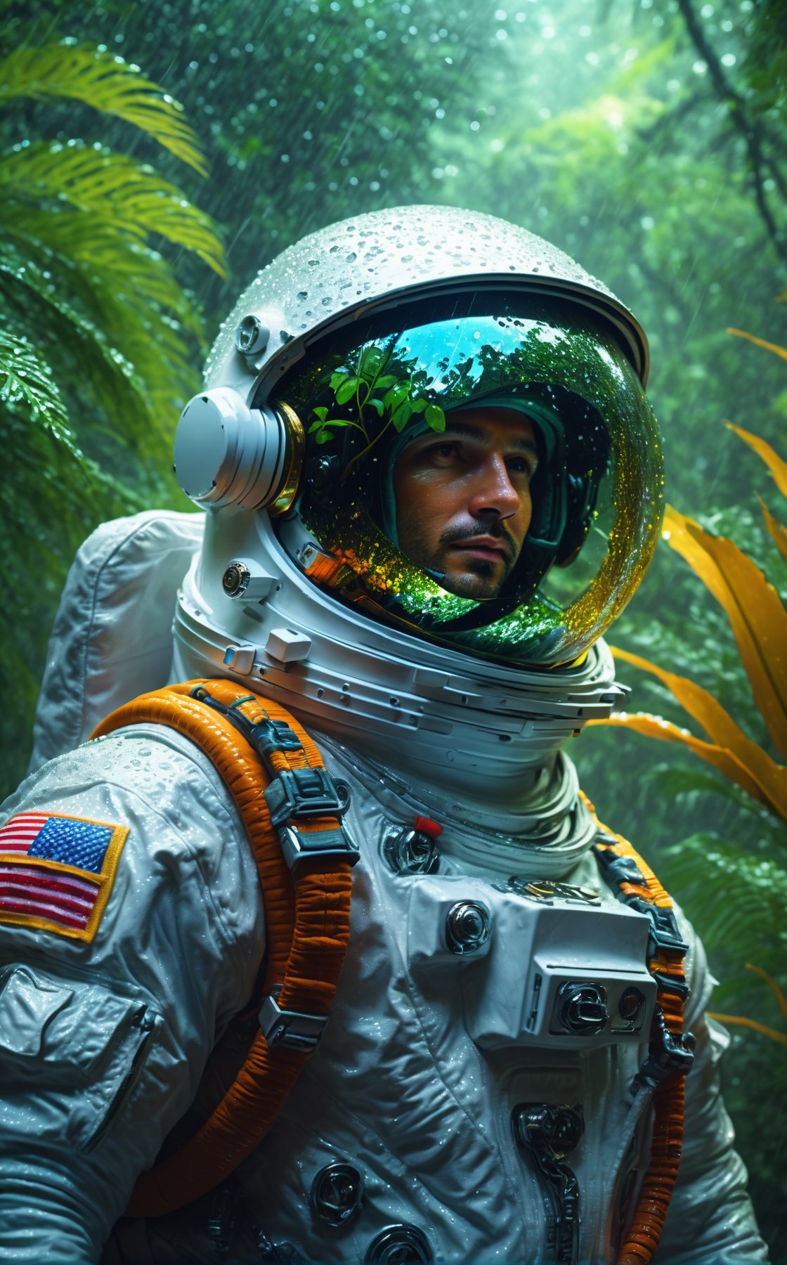 A astronaut male in a rainy of jungles, masterpiece, ultra high quality, ultra high resolution, ultra realistic, full body, alone, quiet, Tress, plants, wet Tress, fog, water dropped on glass helmet, rainy day, vivid color, dramatic colors, aesthetic lightening, sparkles, detailed background, 8k