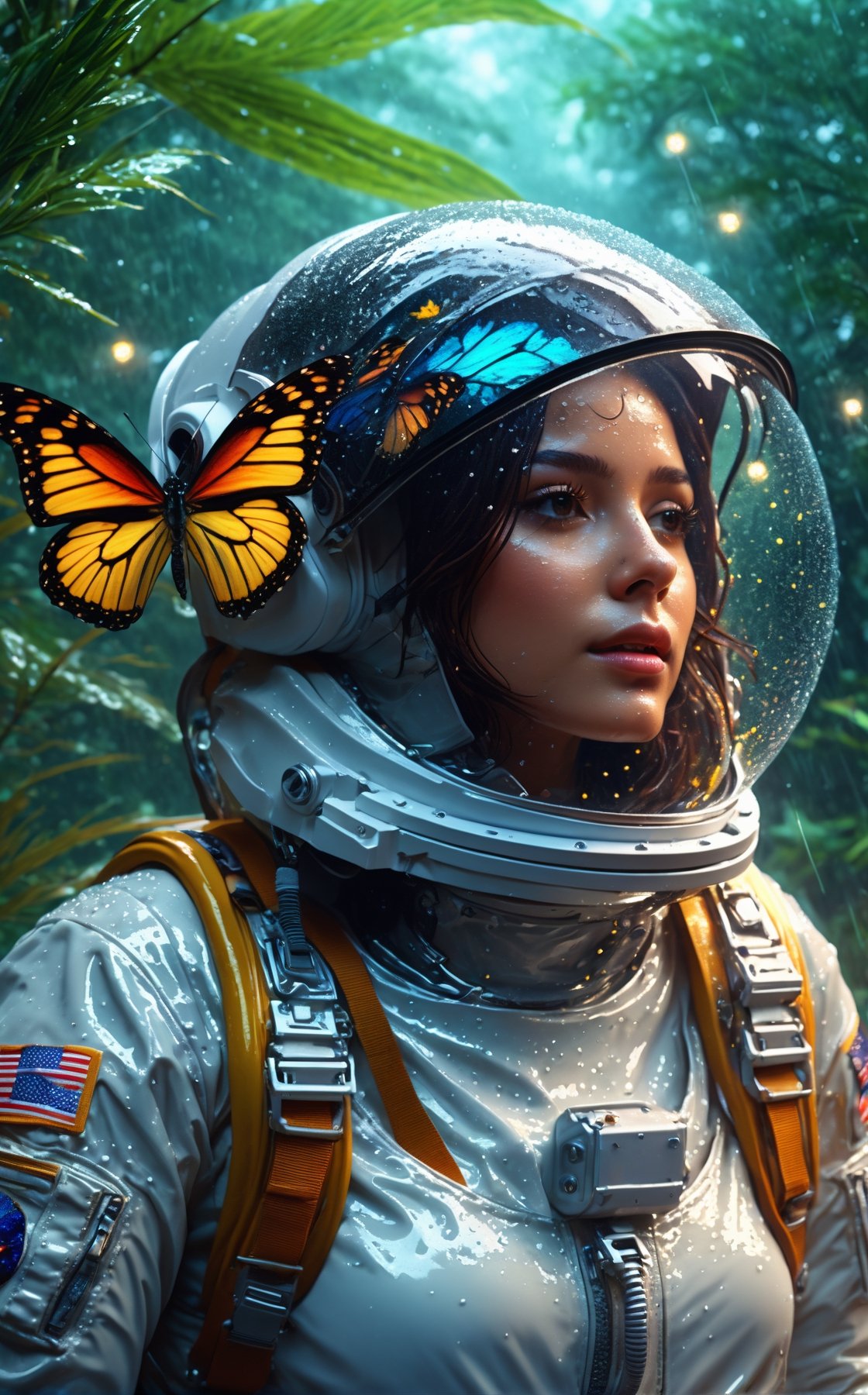 A astronaut girl in a rainy of jungles, masterpiece, ultra high quality, ultra high resolution, ultra realistic, upper body, butterfly flying on helmet, alone, quiet, Tress, plants, wet Tress, fog, water dropped on glass helmet, rainy day, vivid color, dramatic colors, aesthetic lightening, sparkles, detailed background, 8k