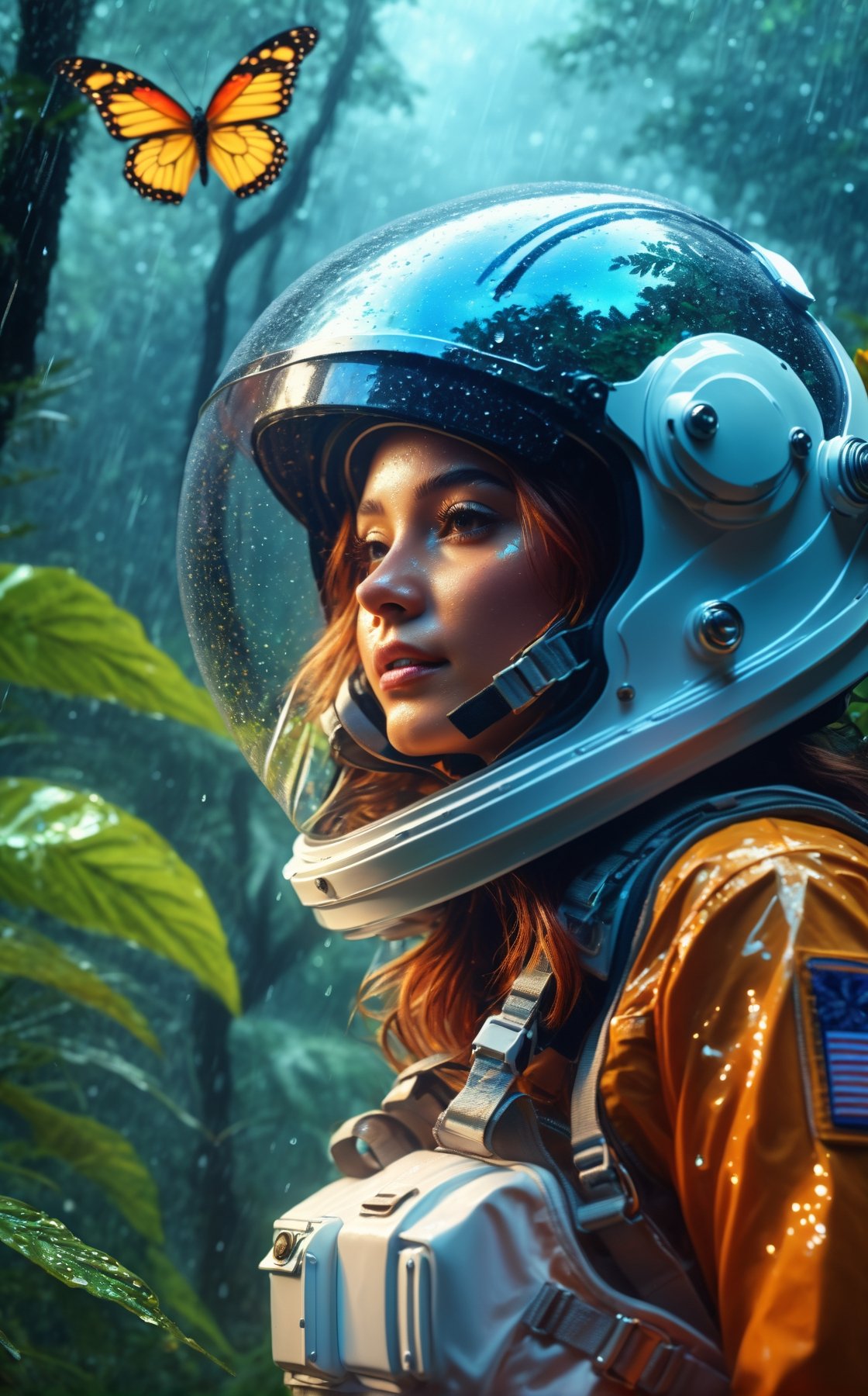 A astronaut girl in a rainy of jungles, masterpiece, ultra high quality, ultra high resolution, ultra realistic, close up, butterfly flying on helmet, alone, quiet, Tress, plants, wet Tress, fog, water dropped on glass helmet, rainy day, vivid color, dramatic colors, aesthetic lightening, sparkles, detailed background, 8k